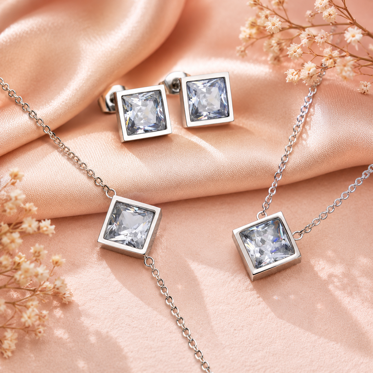 Silver-tone square crystal necklace and matching stud earrings set for women