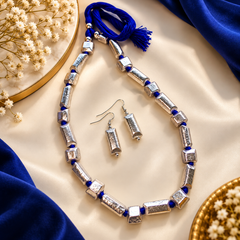 Silver tone blue thread necklace with matching earrings set for women