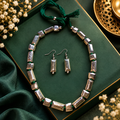 Silver tone rectangular bead green thread necklace and earrings set | The Mirage Fashion