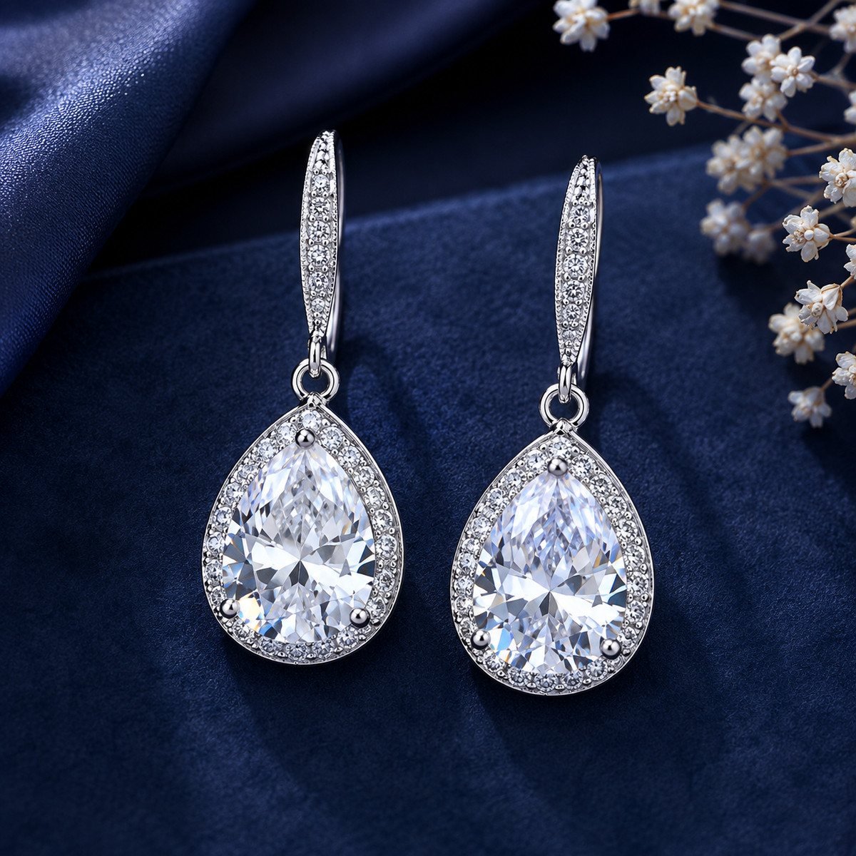 Silver teardrop drop earrings with whitecrystal stone and sparkling halo for women