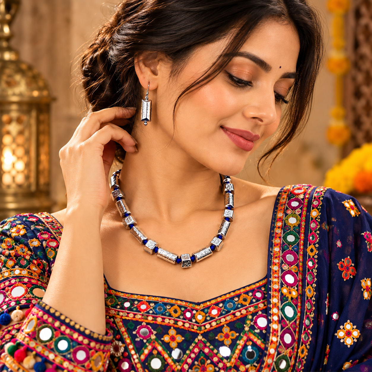 Silver tone blue thread necklace with matching earrings set for women for Navratri 