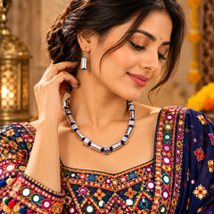 Silver tone blue thread necklace with matching earrings set for women for Navratri 