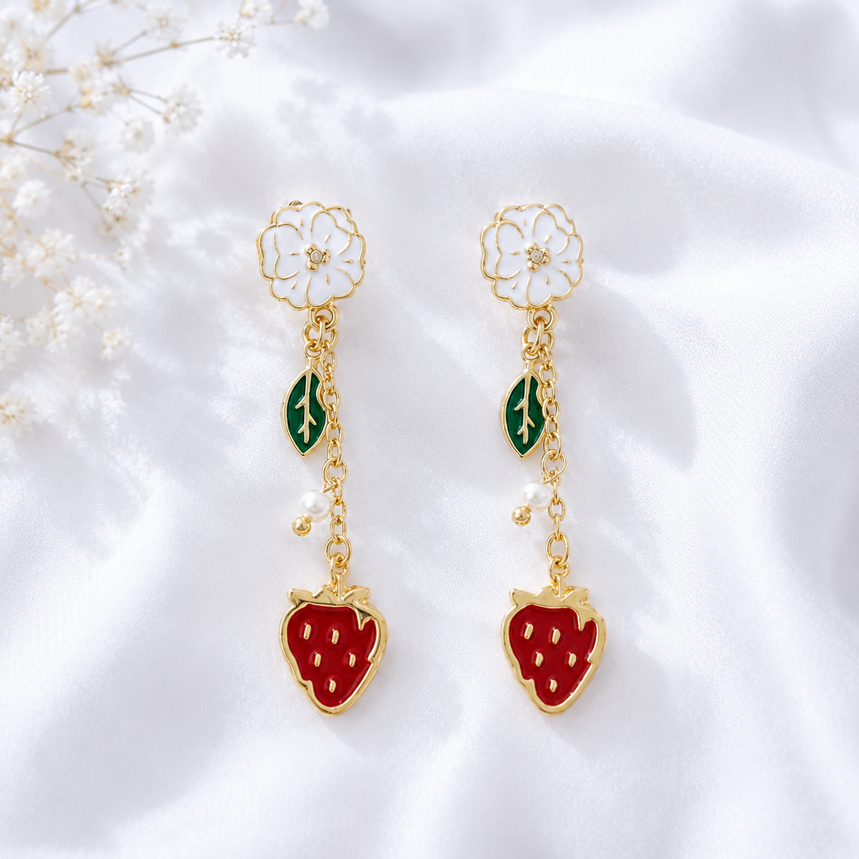 Cute red strawberry drop earrings with floral, leaf and pearl details for women