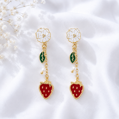 Cute red strawberry drop earrings with floral, leaf and pearl details for women