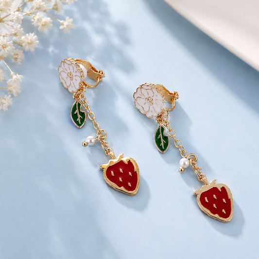 Cute red strawberry drop earrings with floral, leaf and pearl details for women