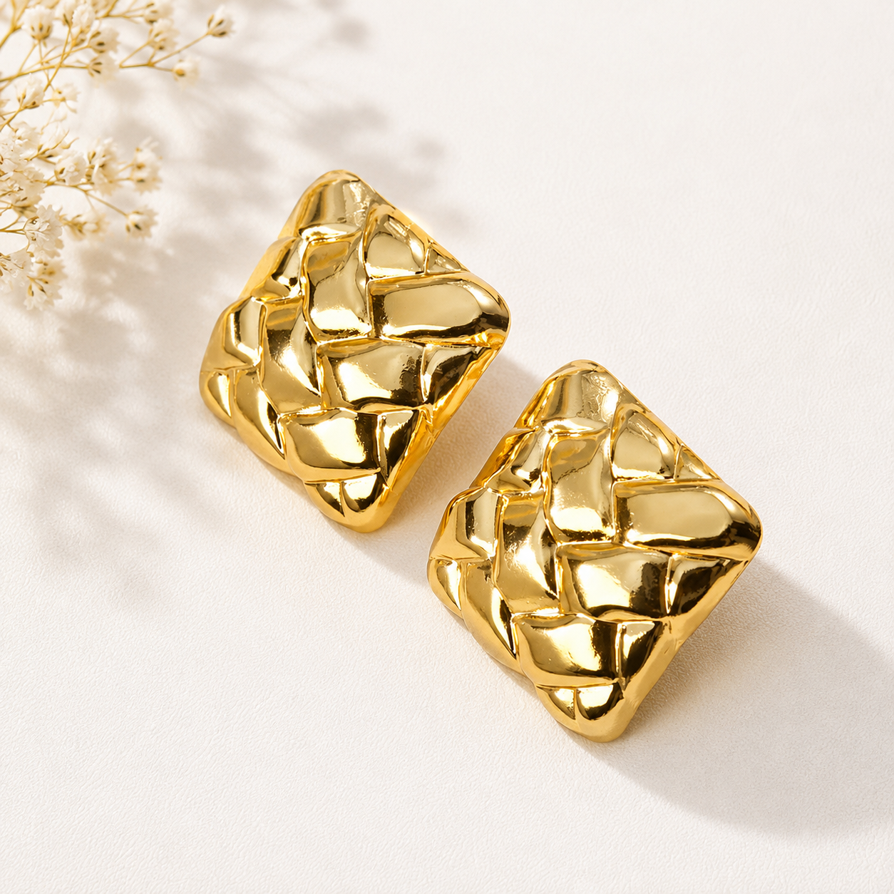 Textured gold square stud earrings for women with modern woven design