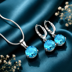 Round Crystal Pendant Necklace & Hoop Earrings Set for Women – Elegant Statement Jewelry Set
