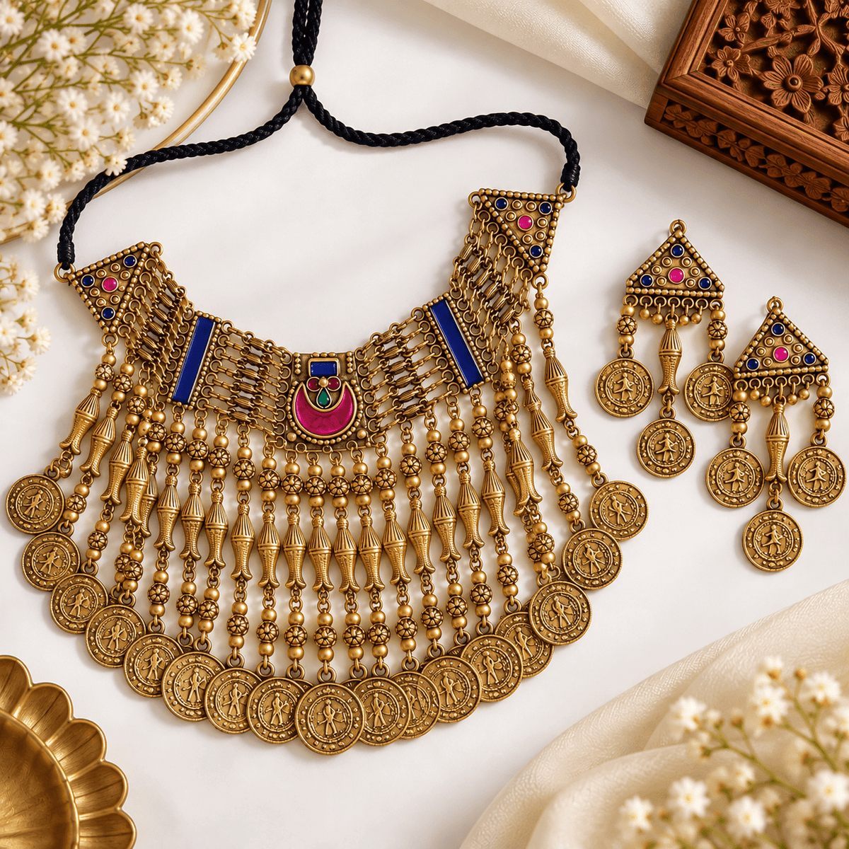 Traditional antique gold-plated coin choker necklace with matching earrings