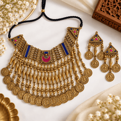 Traditional antique gold-plated coin choker necklace with matching earrings