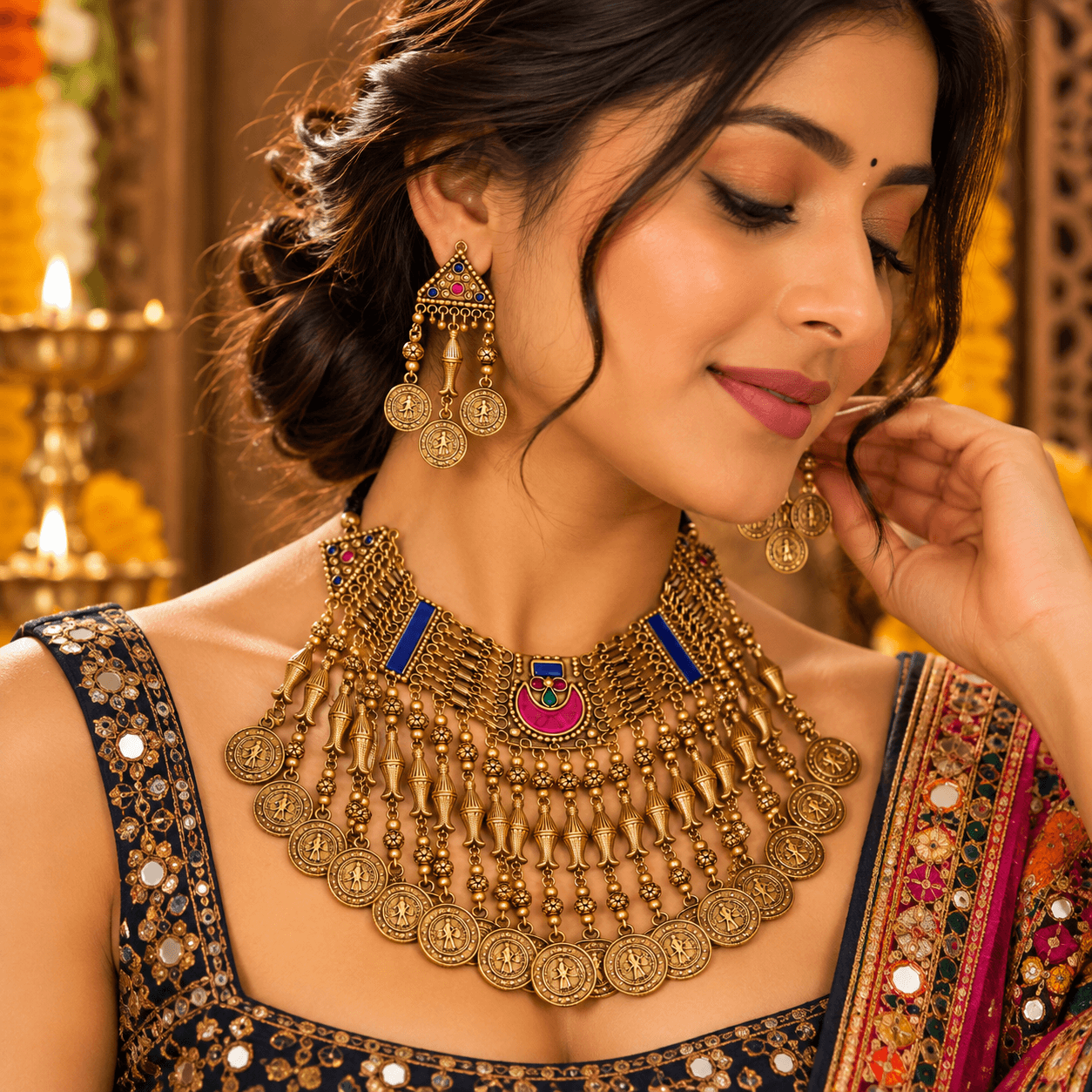 Traditional antique gold-plated coin choker necklace with matching earrings