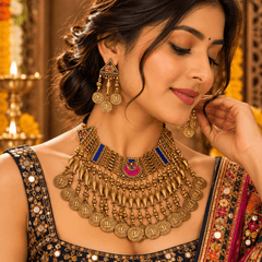 Traditional antique gold-plated coin choker necklace with matching earrings