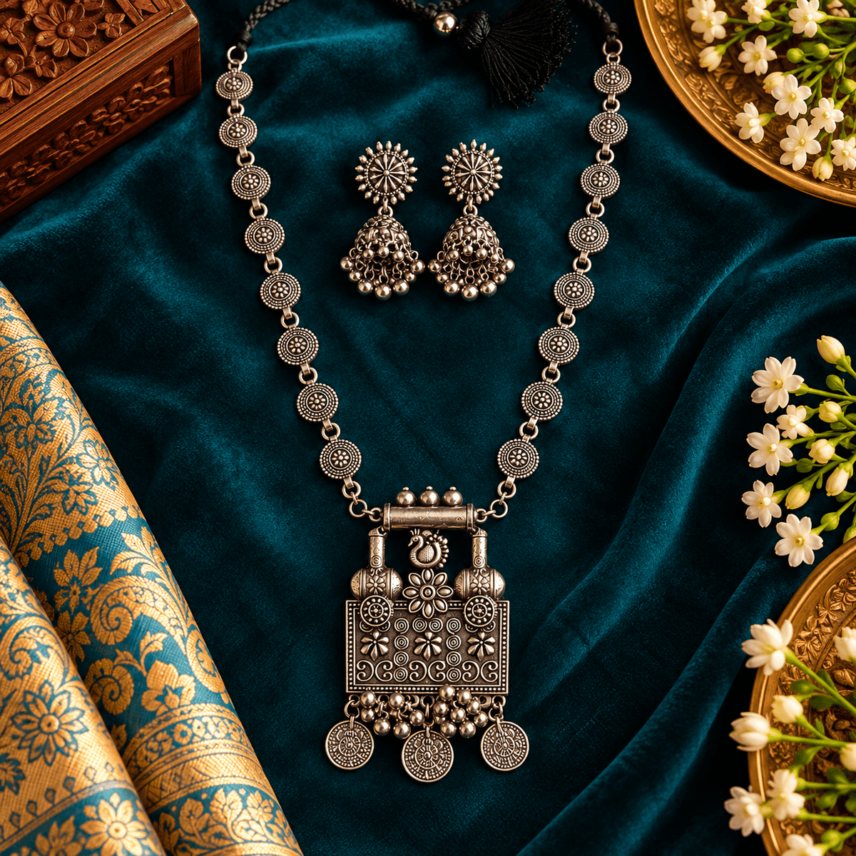Traditional Oxidized Silver Long Necklace Set with Jhumka Earrings | The Mirage Fashion