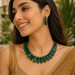 Elegant Green Crystal Necklace Set with Earrings | Emerald Style Statement Jewelry for Women