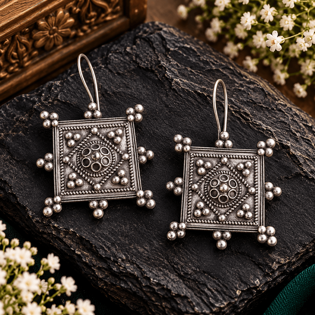 Square oxidized silver-tone tribal earrings with geometric patterns and raised bead detailing