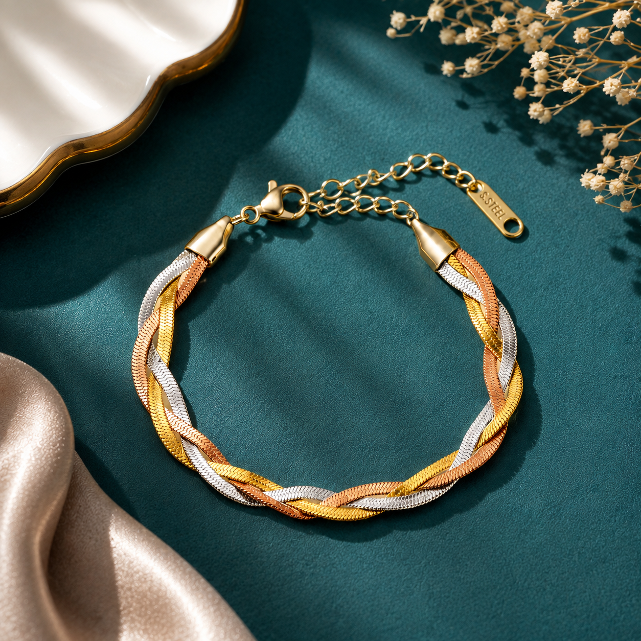 Tricolor stainless steel braided bracelet with gold rose gold and silver tones