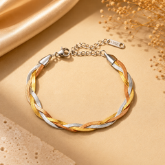 Tricolor stainless steel braided bracelet with gold rose gold and silver tones