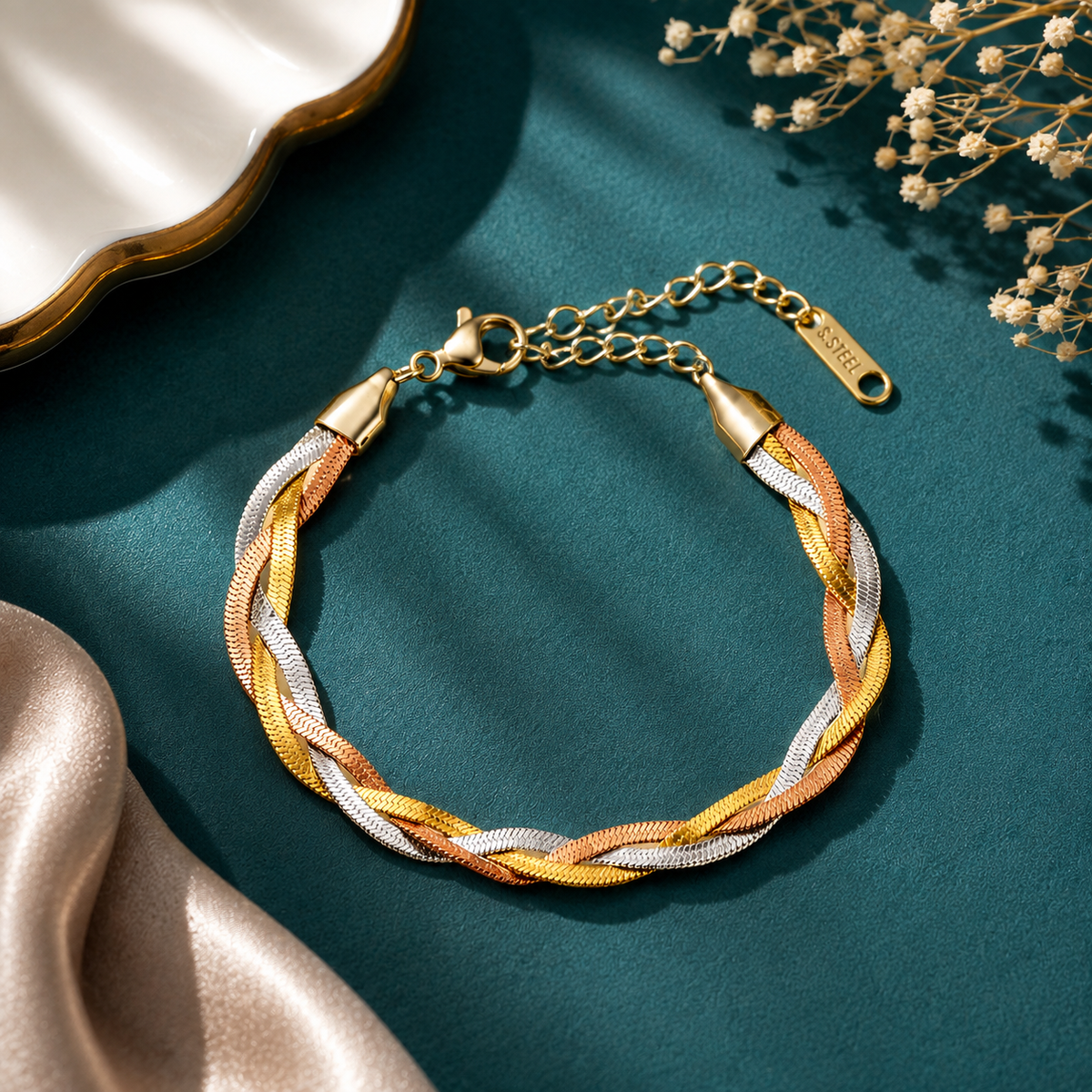 Tricolor stainless steel braided bracelet with gold rose gold and silver tones