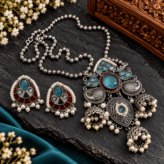 Turquoise Blue Stone Oxidized Silver Necklace Set with Pearl Drop Earrings | The Mirage Fashion