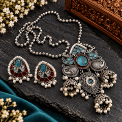 Turquoise Blue Stone Oxidized Silver Necklace Set with Pearl Drop Earrings | The Mirage Fashion