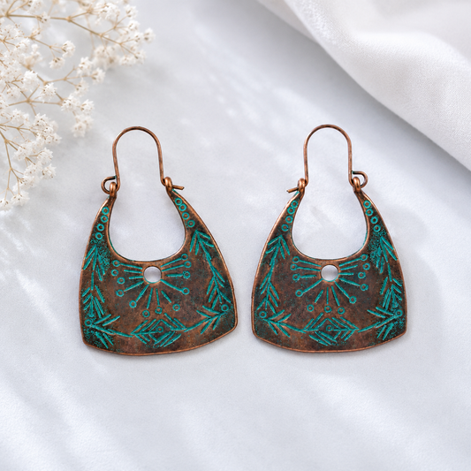 Turquoise blue boho statement earrings with antique copper geometric design for women