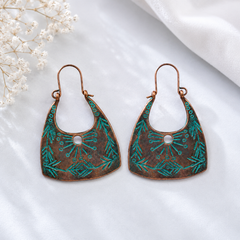 Turquoise blue boho statement earrings with antique copper geometric design for women