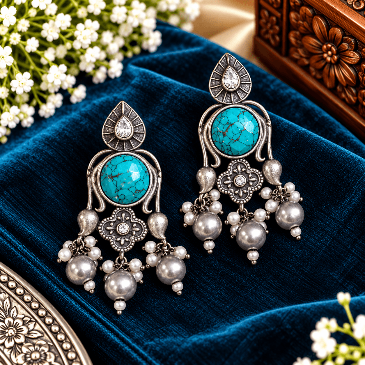 Turquoise stone oxidized silver chandelier earrings with floral detailing and multiple pearl-style dangling beads