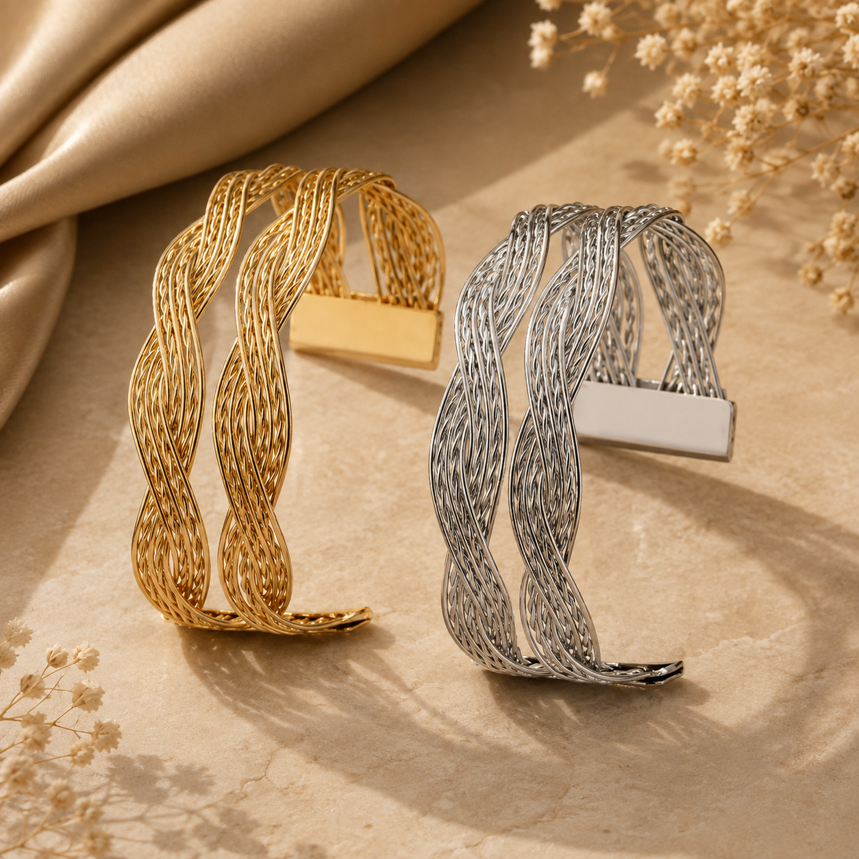 Twisted multi-strand gold and silver tone kada for women