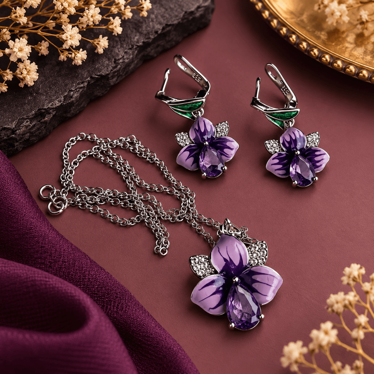 Violet Bloom Floral Pendant Necklace Set with Earrings | The Mirage Fashion