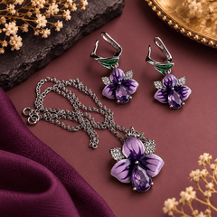 Violet Bloom Floral Pendant Necklace Set with Earrings | The Mirage Fashion