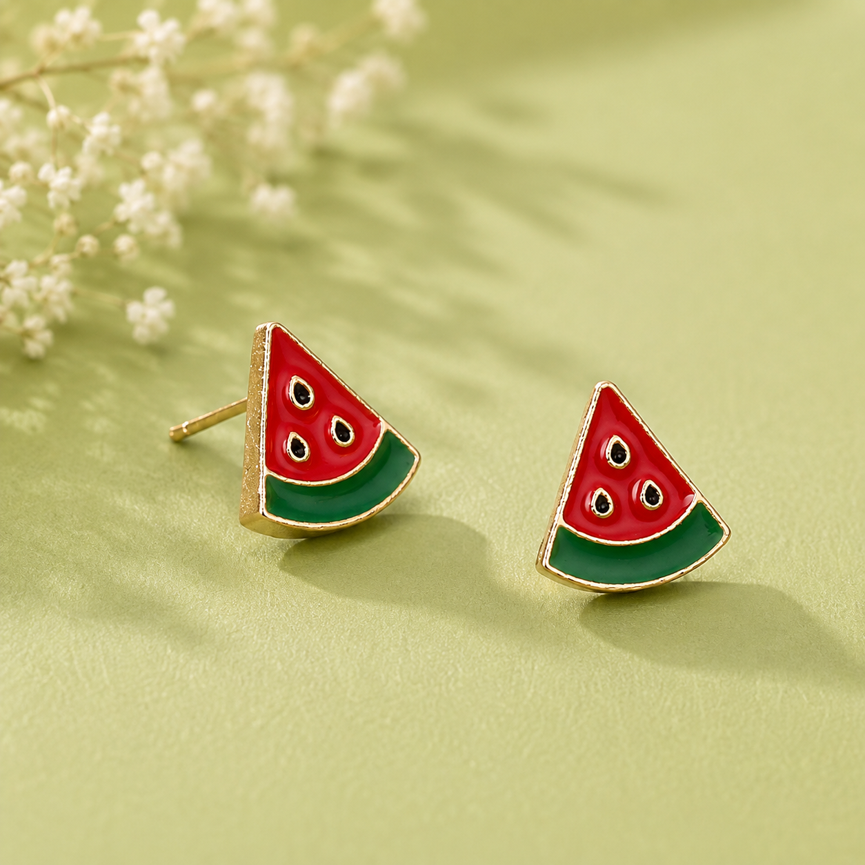 Cute red and green watermelon stud earrings with gold-tone detailing for women