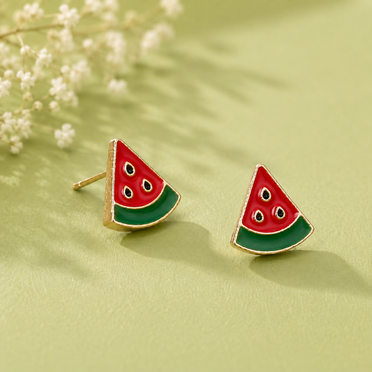 Cute red and green watermelon stud earrings with gold-tone detailing for women