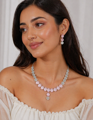 Elegant Pink Crystal Necklace Set with Earrings | Rose Stone Bridal & Party Wear Jewelry for Women