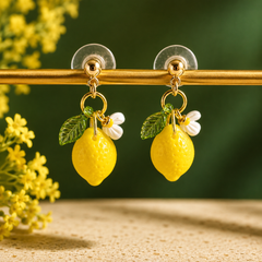 Yellow lemon charm drop earrings with leaf and floral details for women